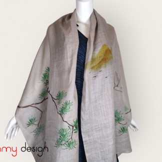 Grey ramie scarf hand-painted with crane